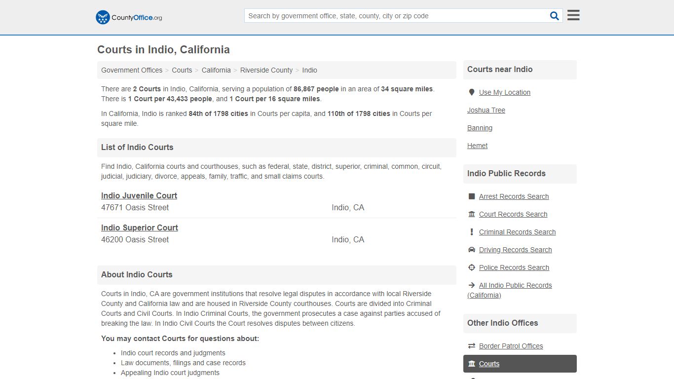 Courts - Indio, CA (Court Records & Calendars) - County Office